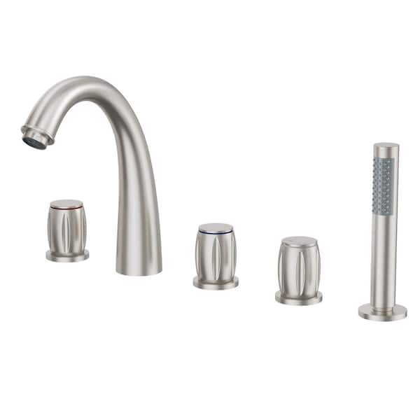 CASAINC 3-Handle Deck Mount Roman Tub Faucet with Hand Shower in Brushed Nickel