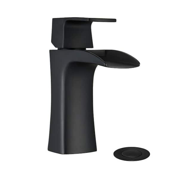 Miscool Tuija Waterfall Single-Handle Single-Hole Bathroom Faucet with Drain Assembly Vanity Sink Faucet in Matte Black