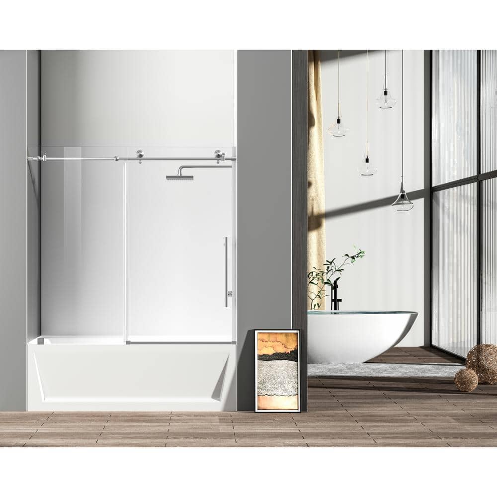 Simply Living 60 in. W x 60 in. H Frameless Sliding Tub Door in Brushed Nic