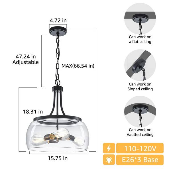 TinHon 16 in. 3-Light Black Pendant Lights Kitchen Island, Modern