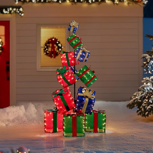 Set Of 3 Christmas Lighted Gift Boxes - 60 LED Color Changing With Timer & Remote, Battery Operated