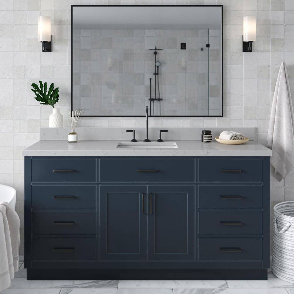 Hepburn 66 in. Single Sink Freestanding Bath Vanity in Midnight Blue with Carrara White Quartz Top & Sidesplash price history on PriceWatchPro