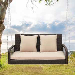 2-Person Wicker Patio Swing Hanging Loveseat Bench Chair with Cushions Beige