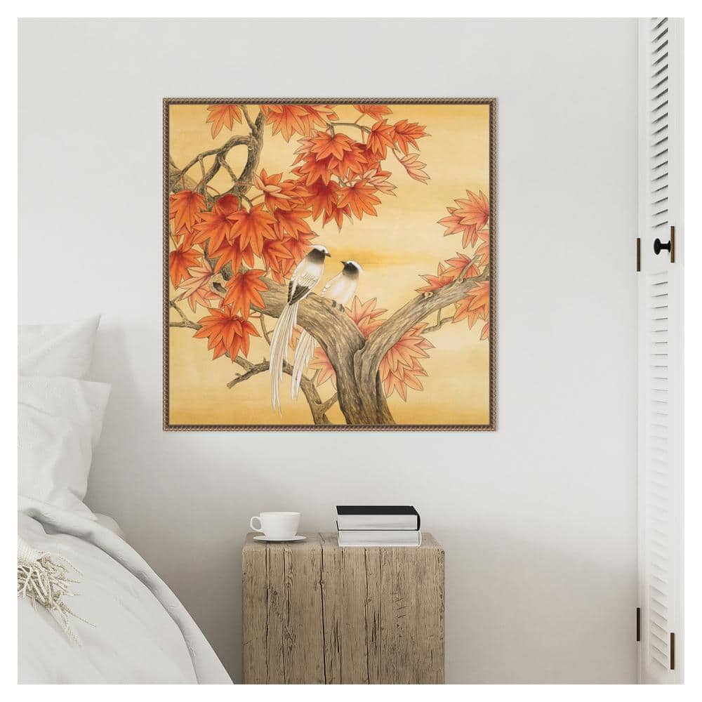 Autumn Love Birds Framed Canvas Wall Art with Beaded Perimeter