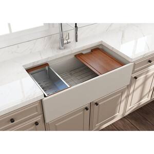 Step-Rim Biscuit Fireclay 36 in. Single Bowl Farmhouse Apron Front Workstation Kitchen Sink with Accessories