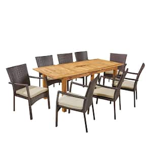 Davenport Multi-Brown 9-Piece Wood and Faux Rattan Outdoor Patio Dining Set with Creme Cushions