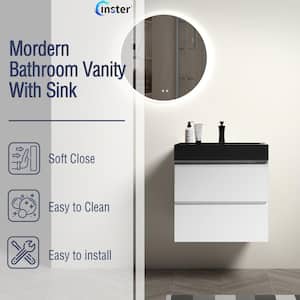 NOBLE 24 in. W x 18 in. D x 25 in. H Single Sink Floating Bath Vanity in White with Black Solid Surface Top (No Faucet)