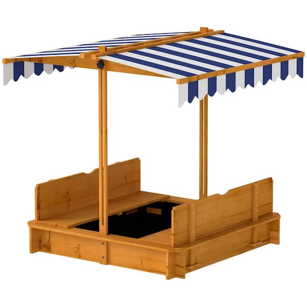 3.48 ft. W x 3.48 ft. L Kids Wooden Sandbox with Adjustable Canopy, Foldable Bench Seats for Backyard, Garden