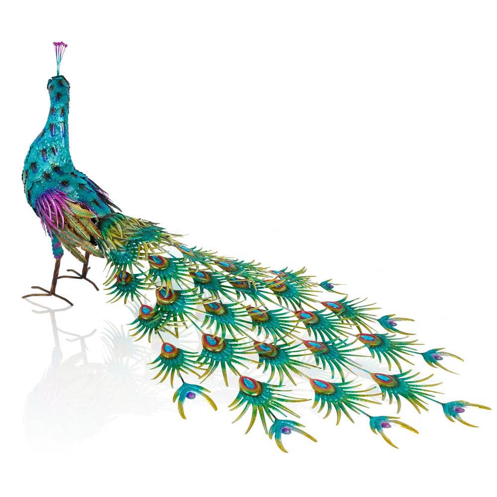 Jumbo Size Blue and Green Iron Peacock Garden Statue