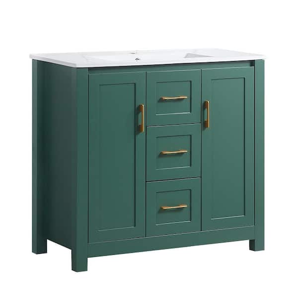 36 in. Green Bathroom Vanity with Ceramic Sink Combo,MDF Wood Green 2 Doors and 3 Drawer, Multifunctional Storage