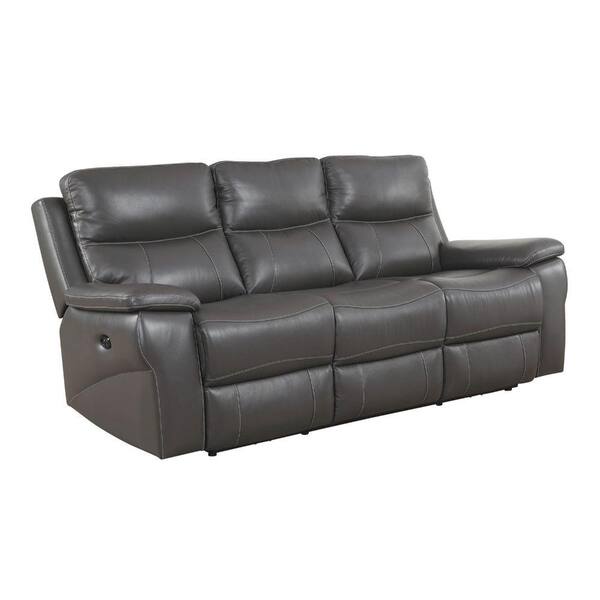 Benjara 3-Seat Gray Double Recliner Leatherette Sofa with Pillow Top Arms
