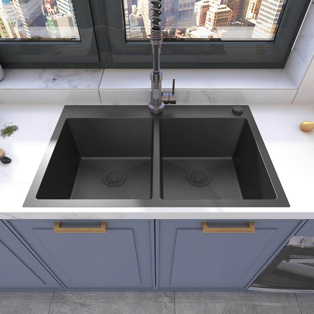 Sinber 33" Black Stainless Steel Double Bowl Kitchen Sink with Drainboard