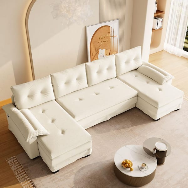 Convertible 109.5 in. Chenille U-Shaped Sectional Sofa in Beige White with USB Port, Pull Out Sofa Bed Removable Armrest