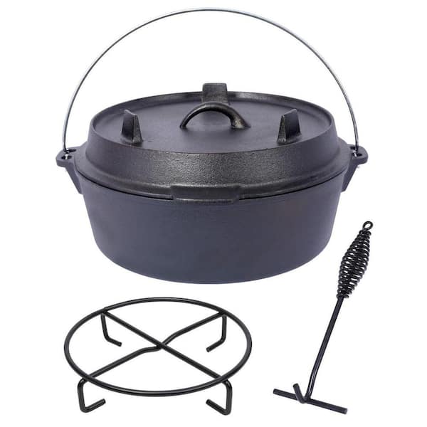 8 qt. Pre-Seasoned Cast Iron Dutch Oven with Skillet Lid and Iron Pot Rack, Outdoor Camping Deep Pot for Campfire