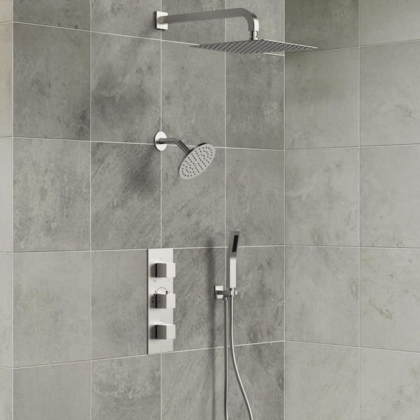 5-Spray Square 12 in. Rain Wall Mount Shower System with 6 in. Shower Head Handheld Shower in Brushed Nickel 2.5 GPM
