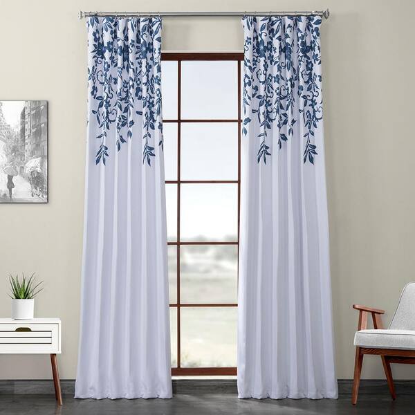 Exclusive Fabrics & Furnishings Temple Garden Blue Printed Linen Textured Blackout Curtain - 50 in. W x 120 in. L (1-Panel)