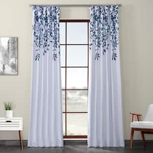 Temple Garden Blue Floral Faux Linen Room Darkening Curtain - 50 in. W x 108 in. L Rod Pocket Single Curtain Panel