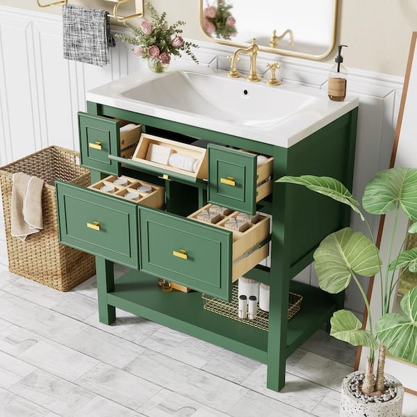 30 in. W Freestanding Bath Vanity in Green with White Cultured Marble Top