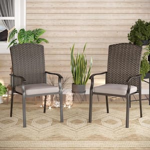 Phi Villa Black Rattan Metal Patio Outdoor Dining Chair With Beige 