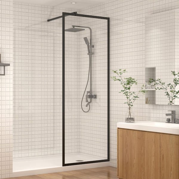 EASYWORC 34 in. W x 74 in. H Framed Fixed Shower Screen Door in Matte Black with 1/4 in. (6mm) Clear Tempered Glass
