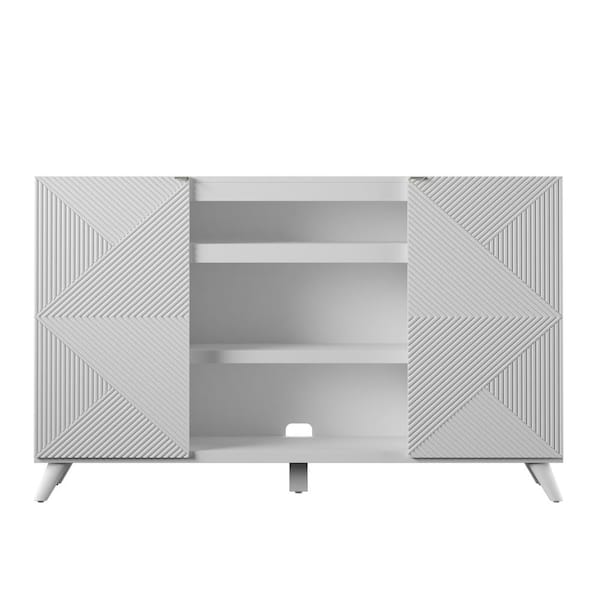 Twin Star Home 55.63 in. Bright White TV Stand with Geometric Doors Fits TV's up to 60 in. with Adjustable Shelves