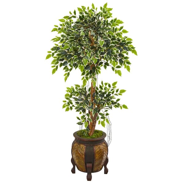 Nearly Natural Indoor 59 in. Variegated Ficus Artificial Tree in Decorative Planter