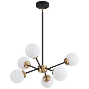 Modern Chandeliers 6-Light Vintage Black and Gold Sputnik Chandelier for Living Room, Ceiling Lights with Glass Shade