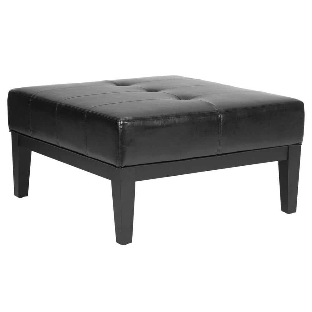 Transitional Black Tufted Cocktail Ottoman with Birch Wood Legs