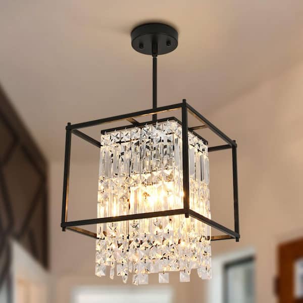 Kinlea 4-Light Black Vintage Crystal Modern Rectangle Chandelier for Dining Room Living Room Foyer Hallway Entry