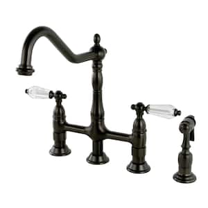 Victorian Crystal 2-Handle Bridge Kitchen Faucet with Side Sprayer in Oil Rubbed Bronze