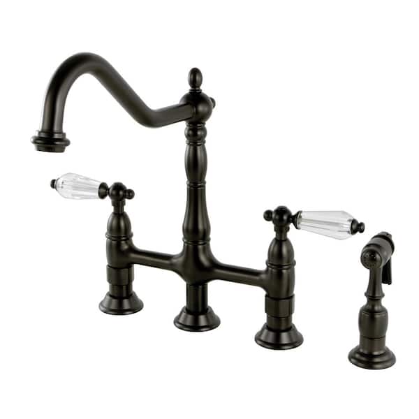 Kingston Brass Victorian Crystal 2-Handle Bridge Kitchen Faucet with Side Sprayer in Oil Rubbed Bronze