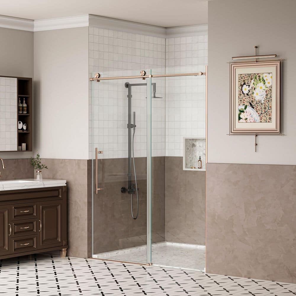 56 in. to 60 in. W x 75 in. H Frameless Sliding Shower Door in Brushed Bron