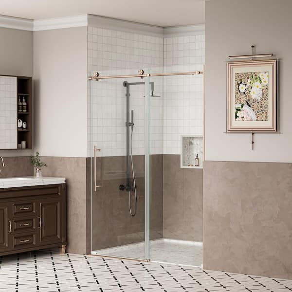 56 in. to 60 in. W x 75 in. H Frameless Sliding Shower Door in Brushed Bronze with Explosion-Proof Glass