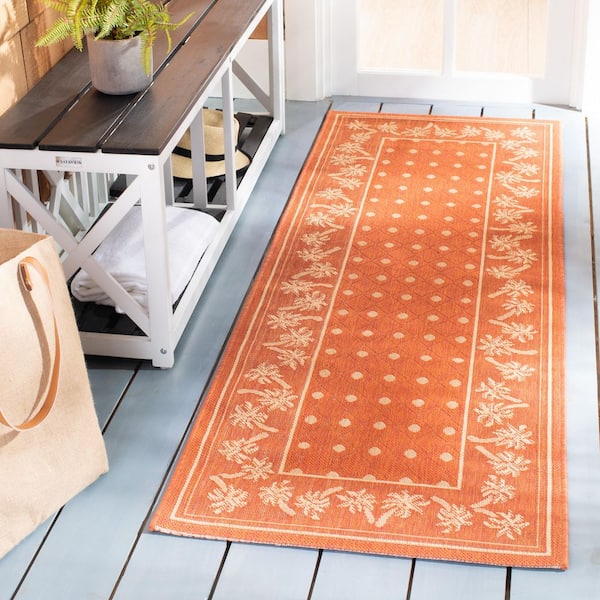 Courtyard Rust/Sand 3 ft. x 8 ft. Floral Indoor/Outdoor Patio  Runner Rug