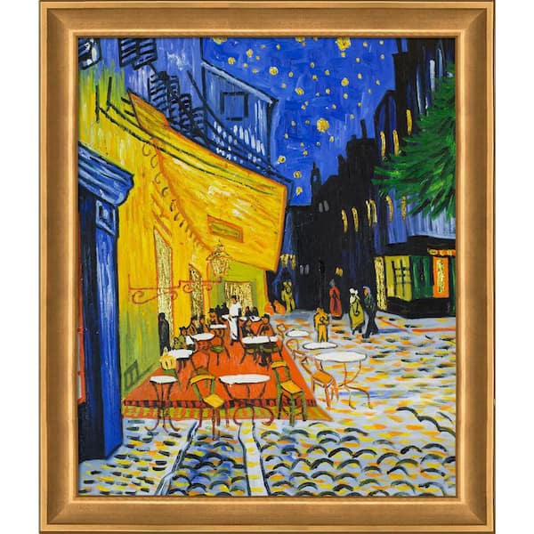 LA PASTICHE Cafe Terrace at Night by Vincent Van Gogh Muted Gold Glow Framed Architecture Oil Painting Art Print 24 in. x 28 in.