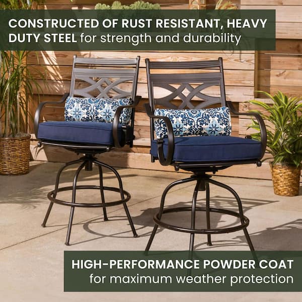 Montclair 5-Piece Steel Outdoor Bar Height Dining Set with Navy Blue Cushions, 4-Swivel Chairs and a 33 in. Dining Table
