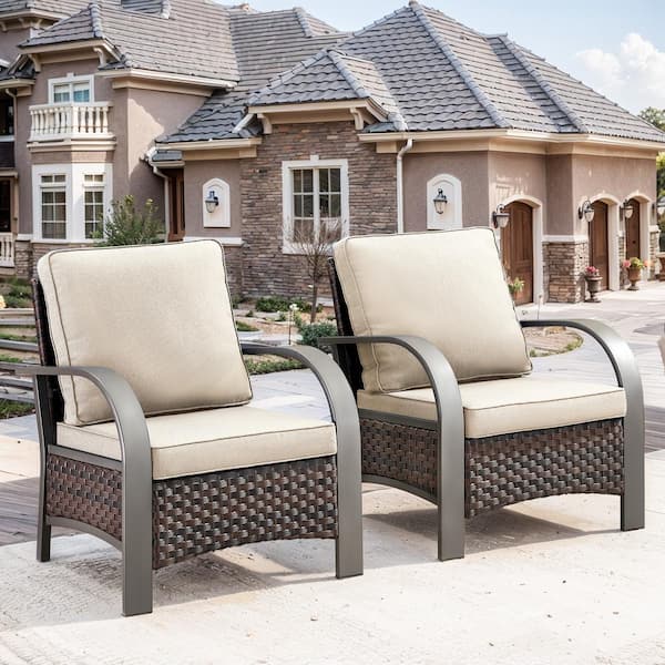 Iron Bend Series 2-Pack Brown Wicker Outdoor Patio Lounge Chair with CushionGuard Beige Cushions