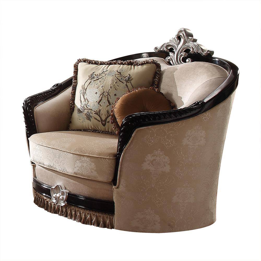 Ernestine Tan Fabric and Black Wood Traditional Chair with Pillows