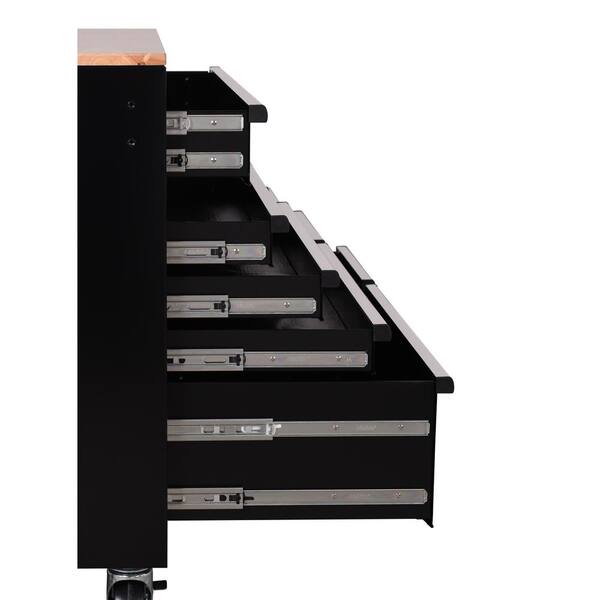 Husky - Standard Duty 72 in. W x 20 in. D 10-Drawer Black Mobile Workbench Cabinet with Solid Wood Top