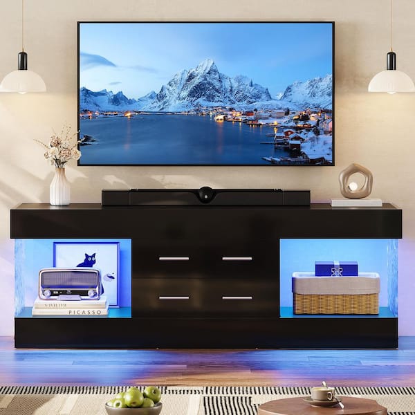 60 in. Glossy Black TV Stand Fits TV Up to 65 in. Entertainment Center with Storage Drawer LED Light