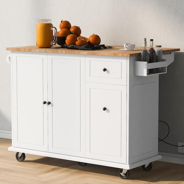 Unbranded White Rubber Wood 53.9 in. Kitchen Island on Wheels with 3 Tier Pull Out Cabinet Organizer