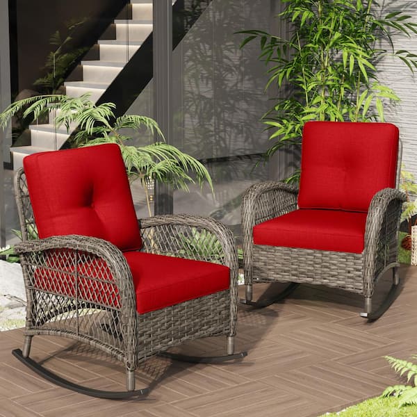 Gardenbee Brown Wicker Outdoor Rocking Chair Patio with Red Cushions (2-Pack)