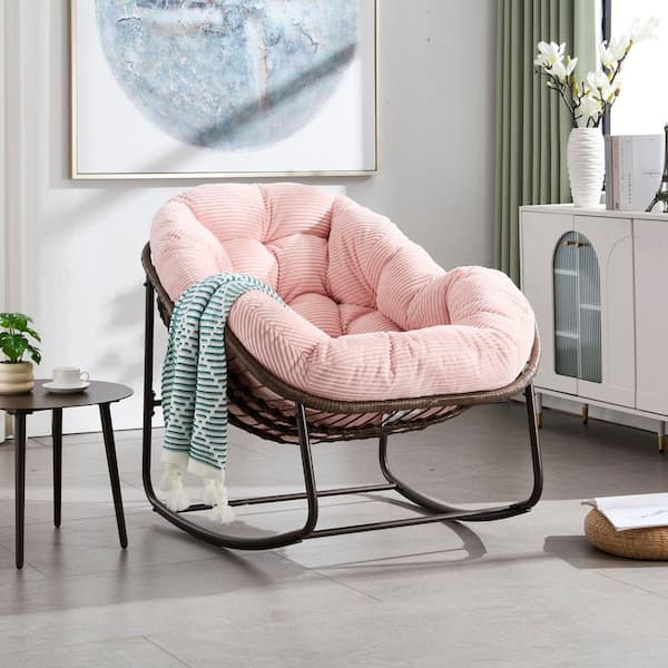 Wicker Outdoor Rocking Chair with Pink Cushion, Rattan Padded