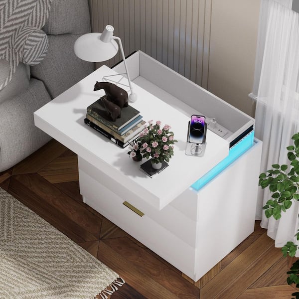28.8 in. White Rectangle Particle Board End Table, Nightstand, Bedside Table with Charging Station and LED Lights