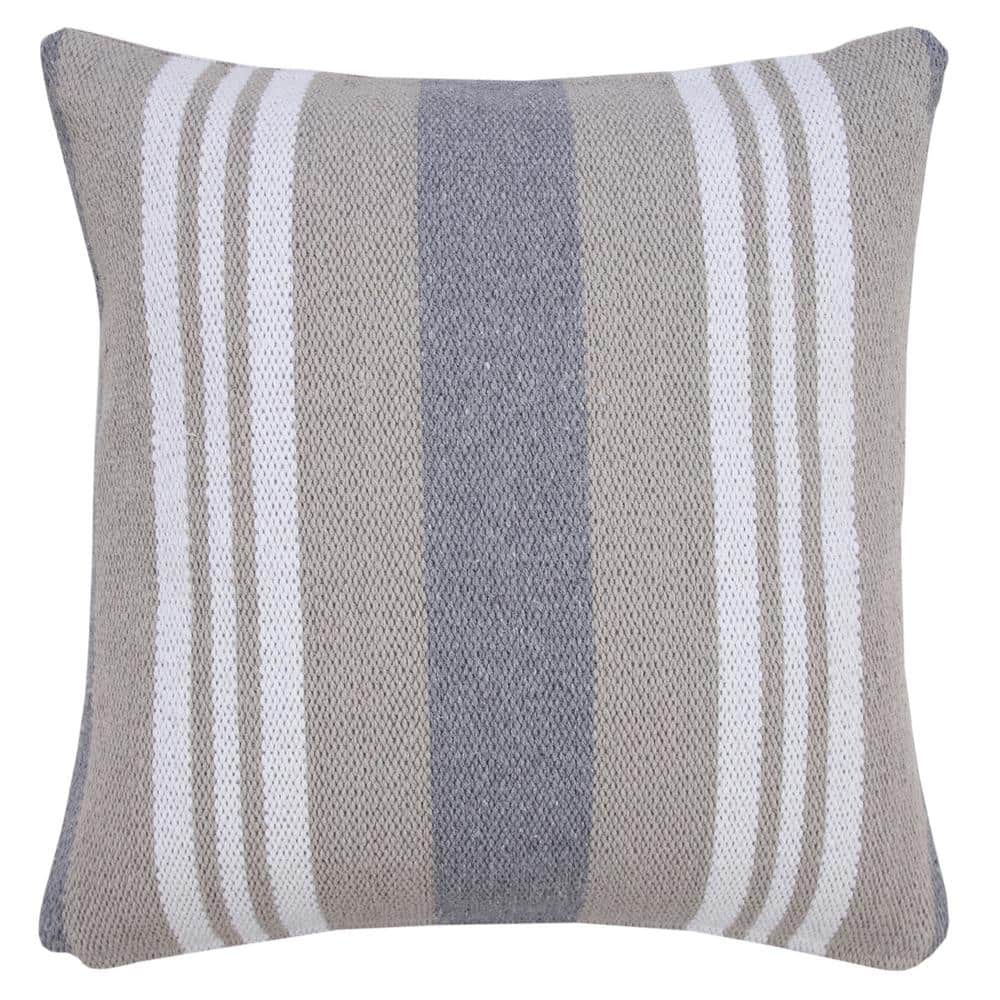20" Beige and Gray Striped Cotton Throw Pillow