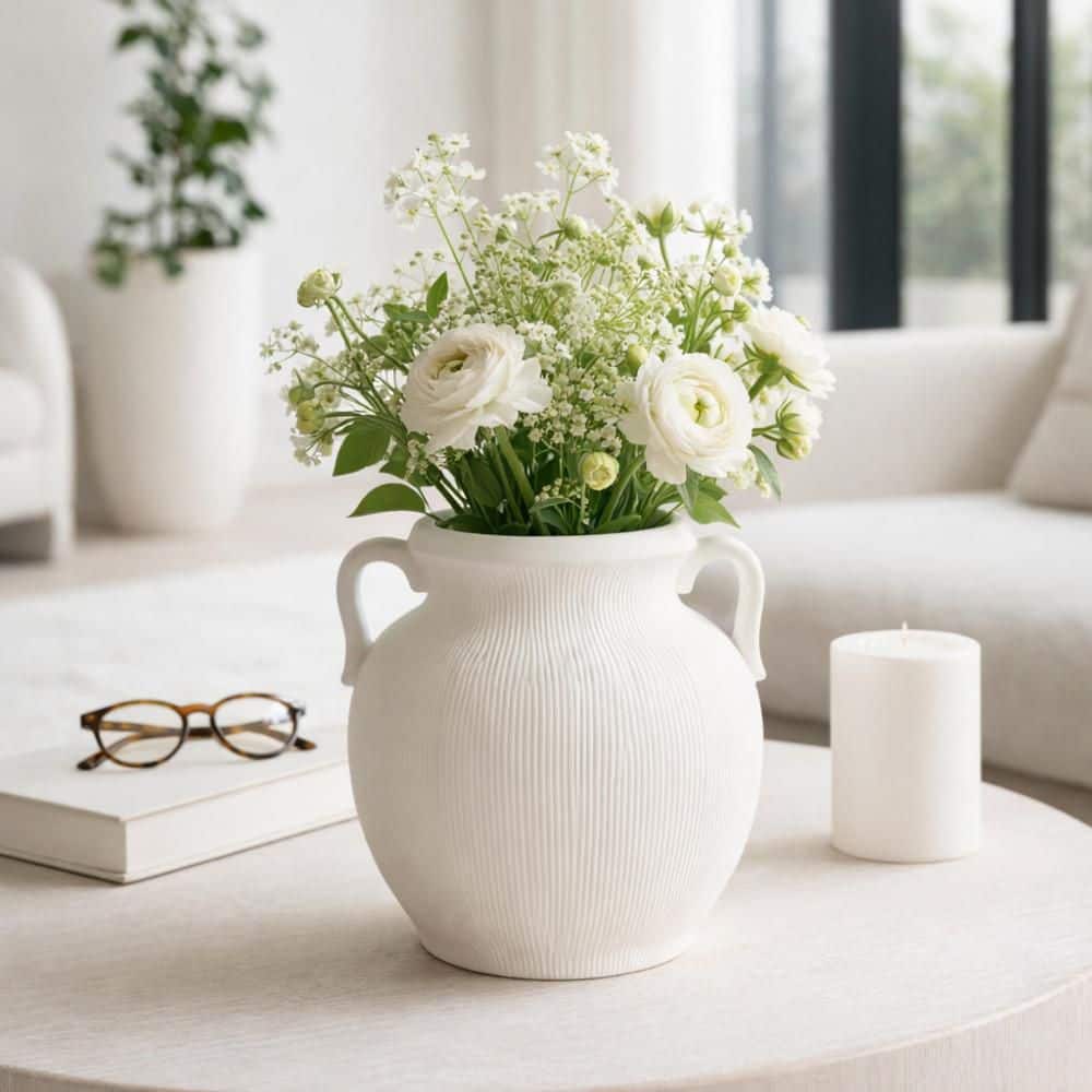Liv & Skye 10 in. White Ceramic Weathered Decorative Amphora Vase