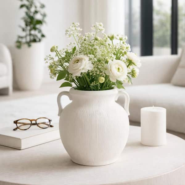 10 in. White Ceramic Weathered Decorative Amphora Vase with Handles
