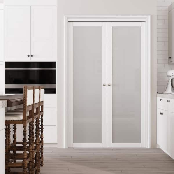 48 in. x 80 in. Frosted Glass Solid Core MDF Bi-Fold Door Plus French Style Pivot Hardware (1-Lite White Finish)