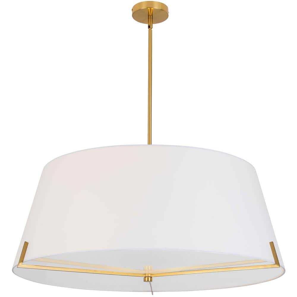 Preston 4-Light Aged Brass Shaded Pendant Light with White Fabric Shade