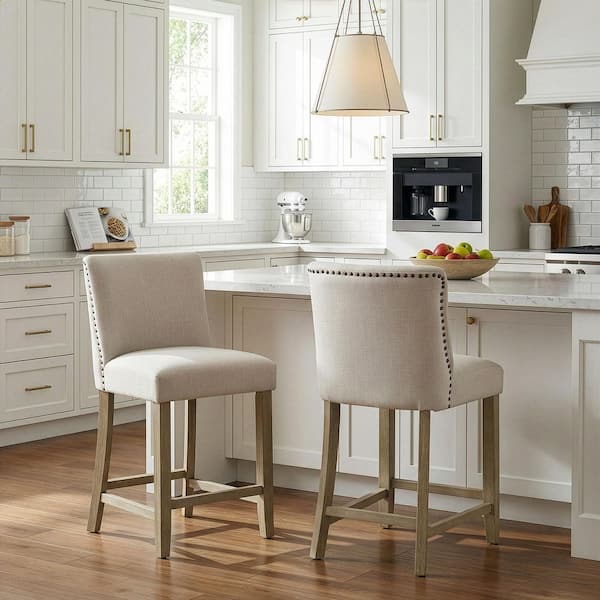24.875 in. Aleco Beige Fabric with Metal Nail Head Accents Counter Stool (Set of 2)
